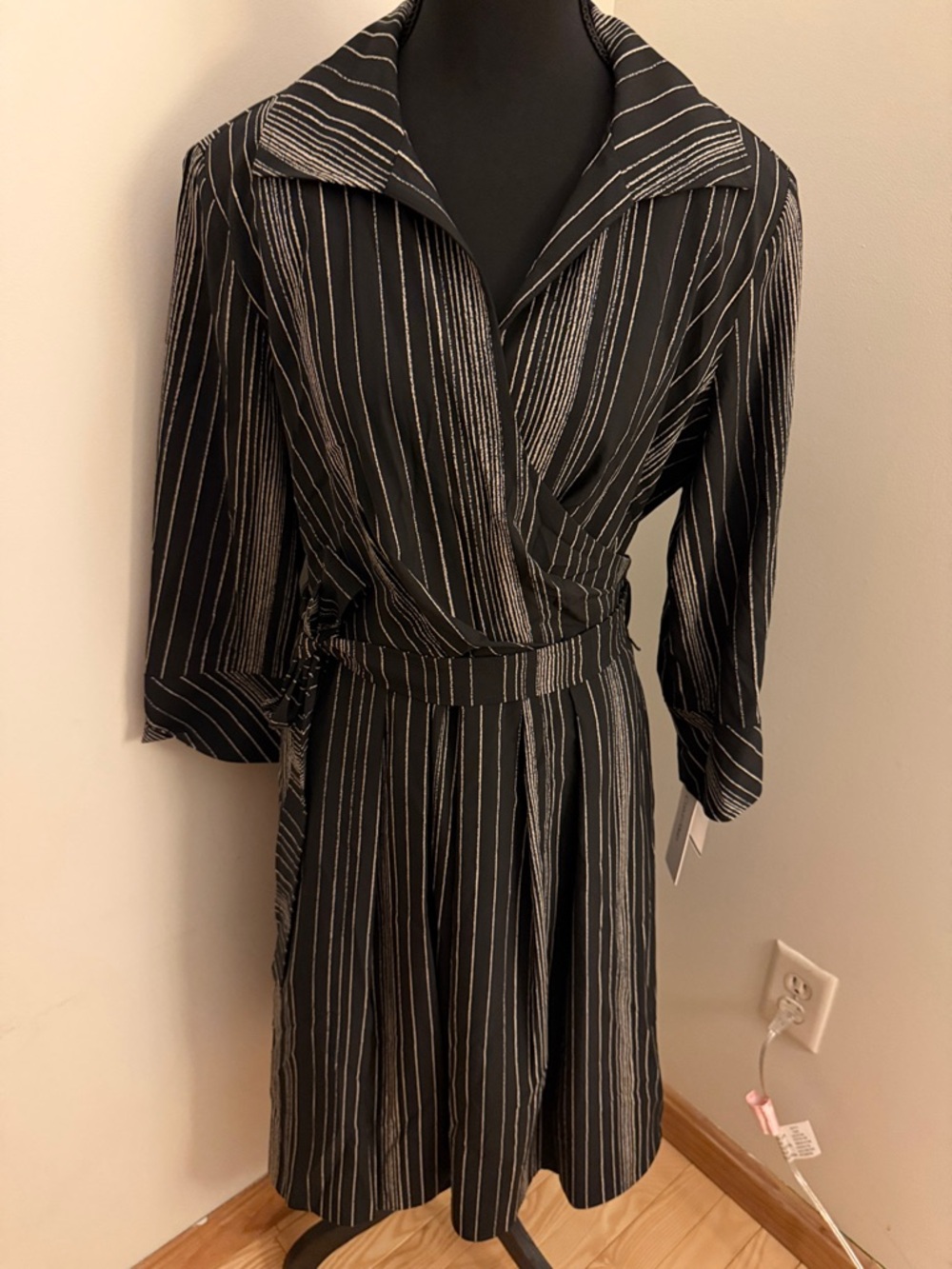 Calvin Klein Black Dress with Cream Pinstripes NWT